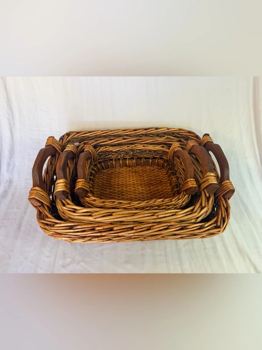 Vintage Wicker Rattan Nesting Baskets Set of 3 Wood Handles Braided Trim Cottage